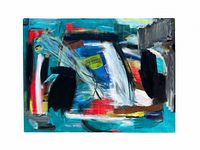 Front view of the abstract oil painting showing vibrant colors and dynamic brushwork.