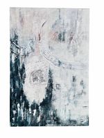 Front view of the abstract oil painting in shades of black, white, and gray, signed in lower right corner.