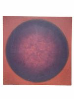 Front view of original signed oil painting on canvas showing large circular form with muted colors in soft gradient transitioning from center outwards on red background.