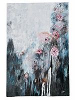 Full view of the abstract oil painting on canvas showing floral elements in blue, gray, pink, black colors, signed lower right.