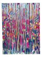 Front view of abstract oil painting showing vertical drips of multicolored paint with gestural dark blue scribbles