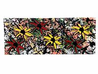 Front view of the abstract floral oil painting on canvas, colorful flowers with splattered paint background.