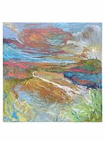 Front view of the oil painting showing abstracted landscape and color palette