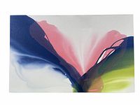 Front view showing abstract pink, blue and green paint flow on white canvas