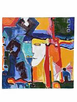Front view of oil painting featuring abstract colorful faces and shapes in blues, reds, greens, and oranges.