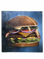 Front view of the oil painting depicting a realistic burger sandwich with multiple detailed layers on a dark background.
