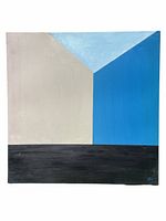 Front view of the oil painting showing abstract geometric shapes in black, beige, blue, and light blue.