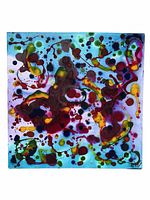 Full front image of the 24x24 inch abstract oil painting on canvas by April Maika with colorful splashes and drips on blue background.