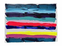 Front view of abstract oil painting with multicolor horizontal stripes on white canvas.