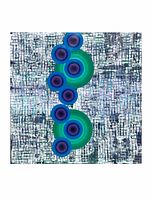 Front view of the abstract oil painting on canvas with layered blue and green circular shapes on a textured grid pattern background.