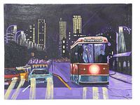 Front view of oil painting depicting Toronto cityscape at night with TTC streetcar on street, vibrant colors and city lights.