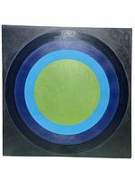 Front view of the original 48x48 inch oil painting showing concentric circles in green, blue, and black.