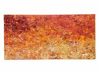 Front view of painting showing abstract textured acrylic work in warm orange, red and gold hues on rectangular canvas
