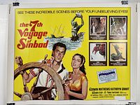 Front view of 'The 7th Voyage of Sinbad' half sheet movie poster showing main characters, ship, and scenes from the movie on vibrant yellow background.