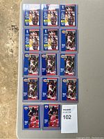 Full view of thirteen sleeved Michael Jordan cards, arranged in rows on a flat surface.