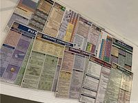 Laminated science study guides spread out, showing various topics including physics, organic chemistry, valence electron configuration, and algebra.