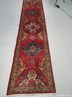 Full-length view of red runner rug on floor with medallion pattern and fringe visible at far end