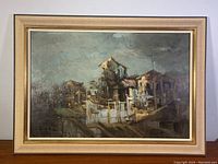 Framed oil painting portraying an industrial or architectural abstract scene with visible cracking and frame wear.