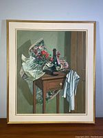 Overall view of the framed painting showing still life composition with table, bottle, glass and flowers