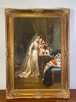Full view of the framed oil painting showing two women in period clothing near a vanity mirror.