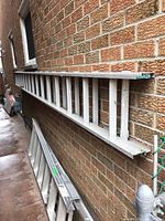 Side view of metal extension ladder leaning against a brick wall, showing full length and rung structure.