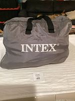 Closed gray carry bag with Intex printed on front, holding air mattress and pump.