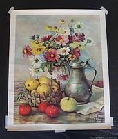 Front view showing full artwork depicting flowers, fruit, and metal pitcher with artist signature visible.