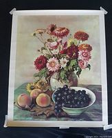 Unframed lithograph depicting bouquet of pink, white, and red flowers in a vase with grapes and peaches