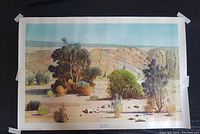Full view of the unframed lithograph showing desert landscape with trees and mountains.