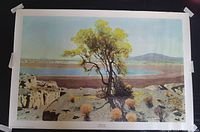 Full view of unframed lithograph showing desert scene around Salton Sea with tree and rocks in foreground and water and mountains in background.