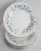 Stack of six Paragon fine bone china side plates with floral blue and green pattern and platinum-edged rim.