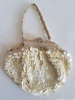 Front and overall view of handcrafted crochet evening bag with ivory large sequins sewn densely covering the surface, attached handle.
