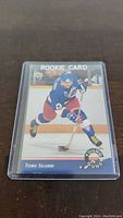Front of the Teemu Selanne Young Guns rookie card showing player action pose and Young Guns branding.