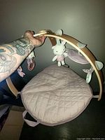 Full view of baby swing seat and wooden arch with hanging plush rabbit, duck, and other toys