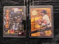 Front sides of two football cards, left is O.J. Simpson 'The Juice' card by Signature Rookies with printed blue signature and gold foil accents; right is Y.A. Tittle Hall of Famers Gold Standard card by Pinnacle