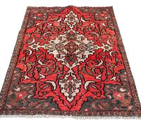 Top view of the Persian Bakhtiari floral wool rug showing central medallion and floral motifs.