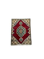 Full frontal view of small rectangular Tabriz wall rug with central medallion and floral border motifs in natural colors on wool.