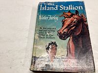Front cover of 1948 book The Island Stallion showing dust jacket with horse and man illustration and title