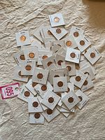 Wide view of about 40 Canadian pennies mounted individually in cardboard holders with various labels spread on fabric surface.