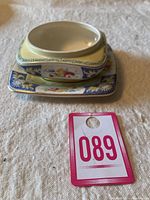 Vintage square jam/jelly dish with matching saucer, featuring floral and geometric Art Deco design, shown from top angle with lot tag 089.