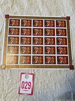 Full view of the uncut full sheet featuring 30 Canada 'Year of the Tiger' stamps in a 5x6 grid, showing complete sheet with stamp design and margins.