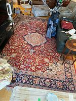 Full view of rug in room showing overall layout, central medallion, color scheme, and surrounding furniture