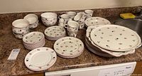 Overall group of dishes on countertop showing full assortment and condition