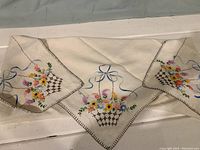 Close-up photo of embroidered napkins showing colorful flowers in a black basket and blue ribbon detail on cream linen fabric.