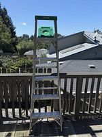 Front view of the Werner aluminum step ladder with green paint holder attached on the top platform. Outdoor setting showing full height and step design.