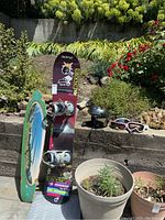 Photo showing snowboard upright next to skateboard platform and helmet with goggles on concrete steps outside near plants.