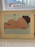 Full front view of the canvas showing the reclining nude artwork and aged discoloration around edges.