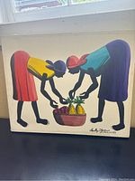 Full view of painting showing two women collecting fruit in basket, signed lower right