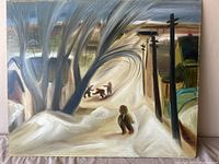 Full frontal view of the unsigned oil painting showing kids playing in a winter landscape with snow, trees, and utility poles.