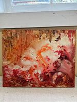 Full view of abstract oil painting on canvas showing the overall composition with warm color palette and textured brush strokes.